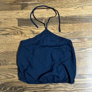 Hollister Halter Top Navy Blue Elastic Crop Waist Size XSl Crochet Trim NEW NWT